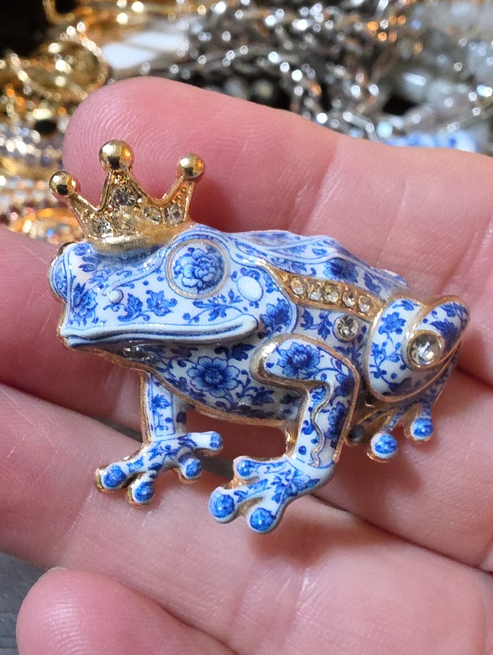 A176- Gold & Blue Frog Brooch with Crown - Decorative Pet Reptile Accent